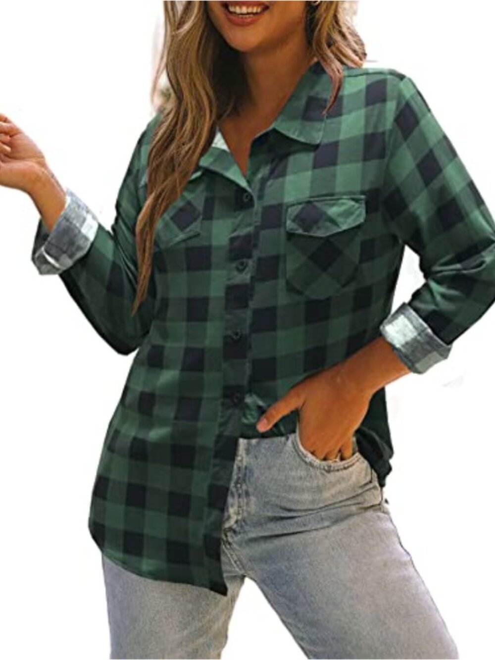 Cuffed Long Sleeve Button Down Plaid Flannel Shirt with Pockets